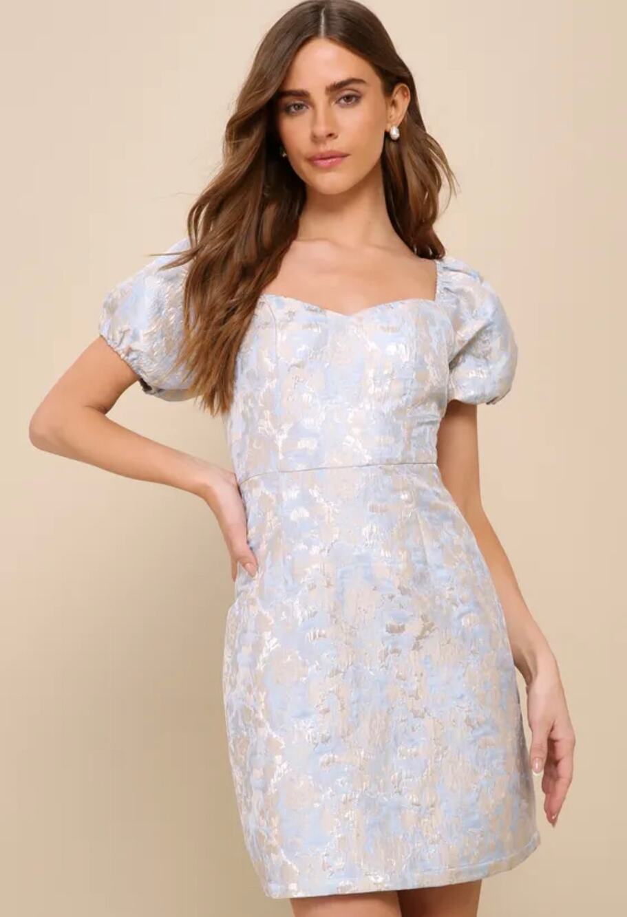 Lulus Cutest Praise Light Blue Floral Jacquard Puff Sleeve Mini Dress sz S